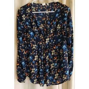 Gap Size XS Navy Floral Sheer Blouse Long Sleeve V Neck Lightweight Boho Top